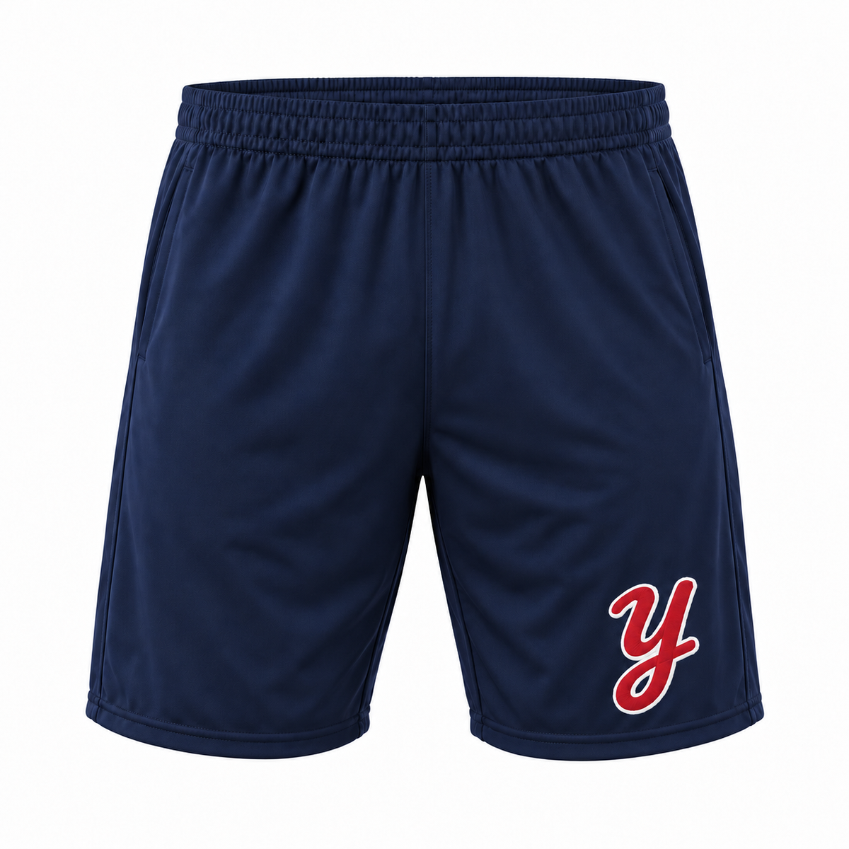 Navy Yardbirds performance shorts with printed red Y and white outline