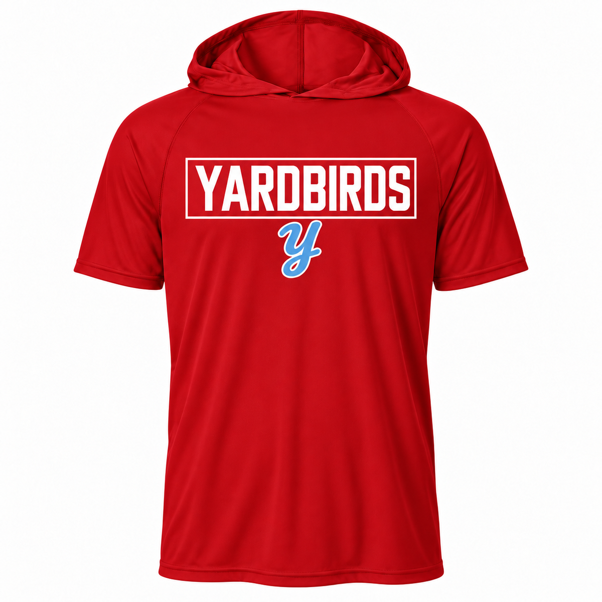 Red Yardbirds short sleeve hooded tee with white boxed lettering, corrected Columbia blue script Y, and blank sleeves