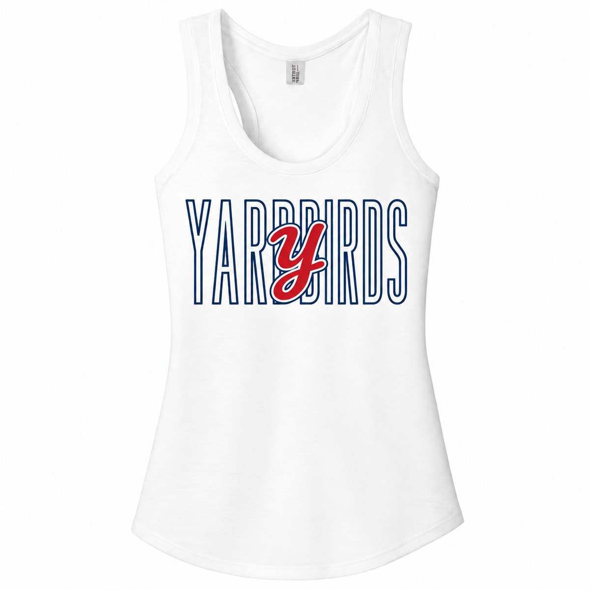 White Yardbirds tank with centered red script Y and navy outline-only YARDBIRDS lettering, flat printed design
