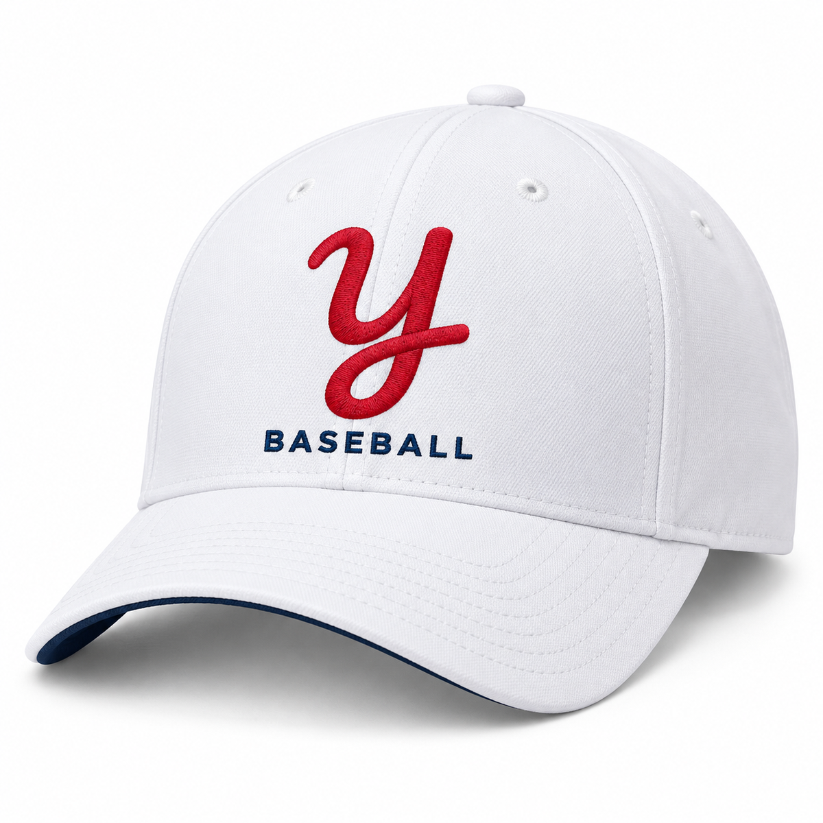 White performance-style cap with red Yardbirds Y and navy Baseball embroidery