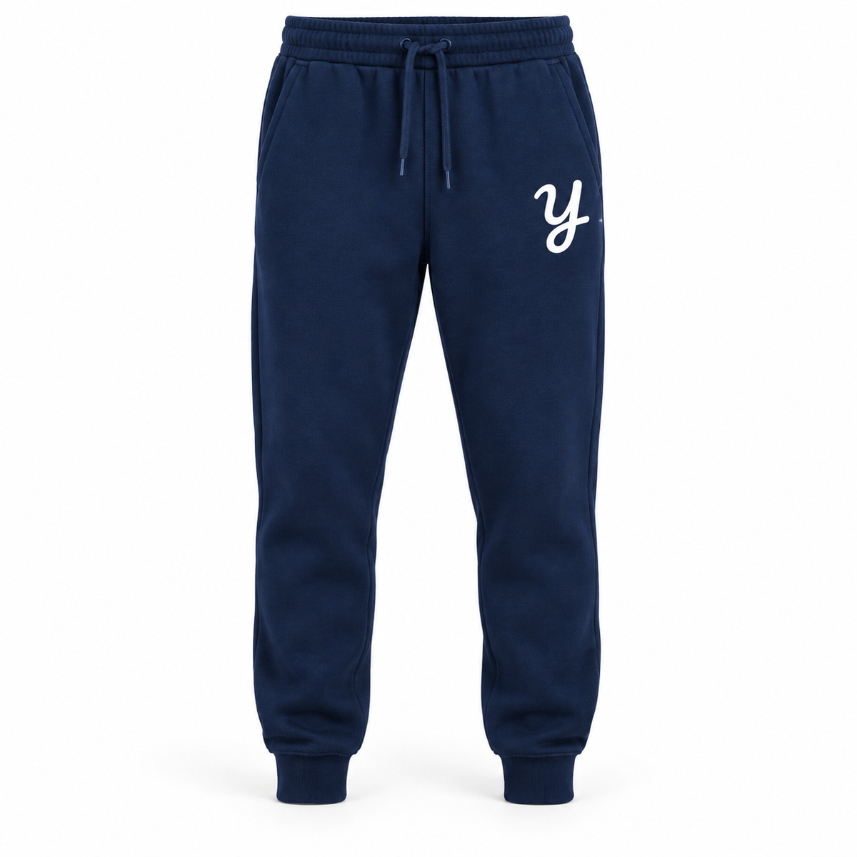 Navy fleece joggers with white Yardbirds Y on the upper left thigh