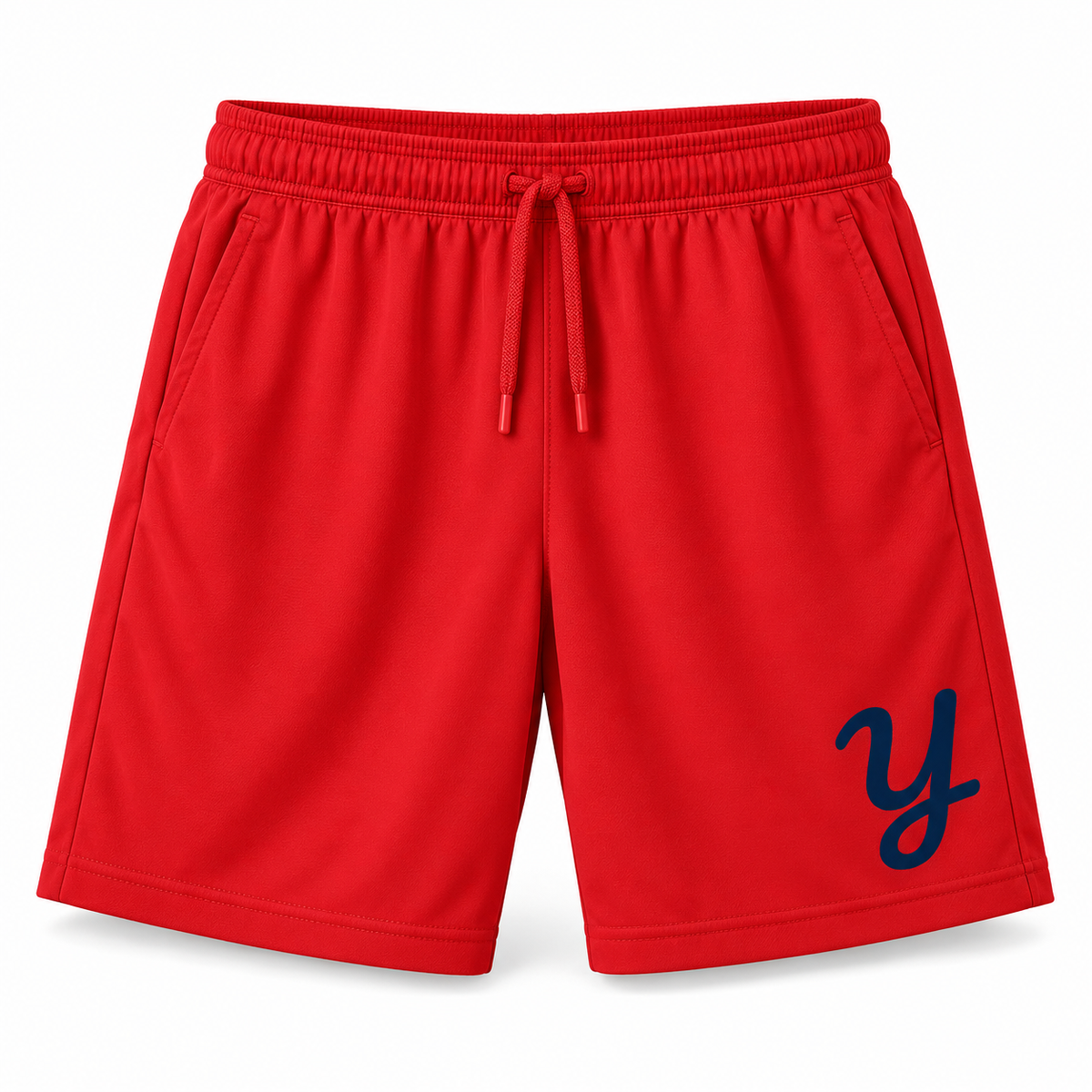 Red training shorts with navy Yardbirds Y printed near the lower left leg