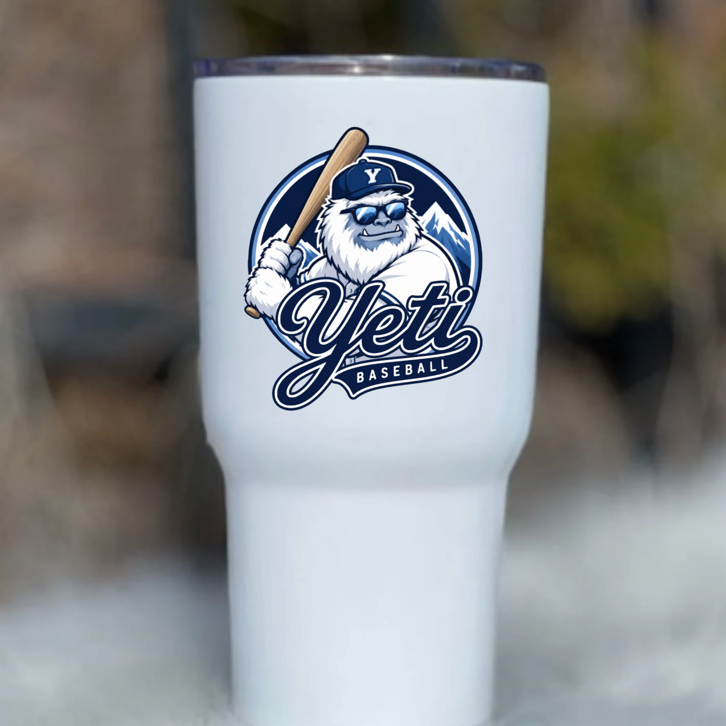 White tumbler with Yeti Baseball logo featuring a bear wearing a cap and holding a bat.