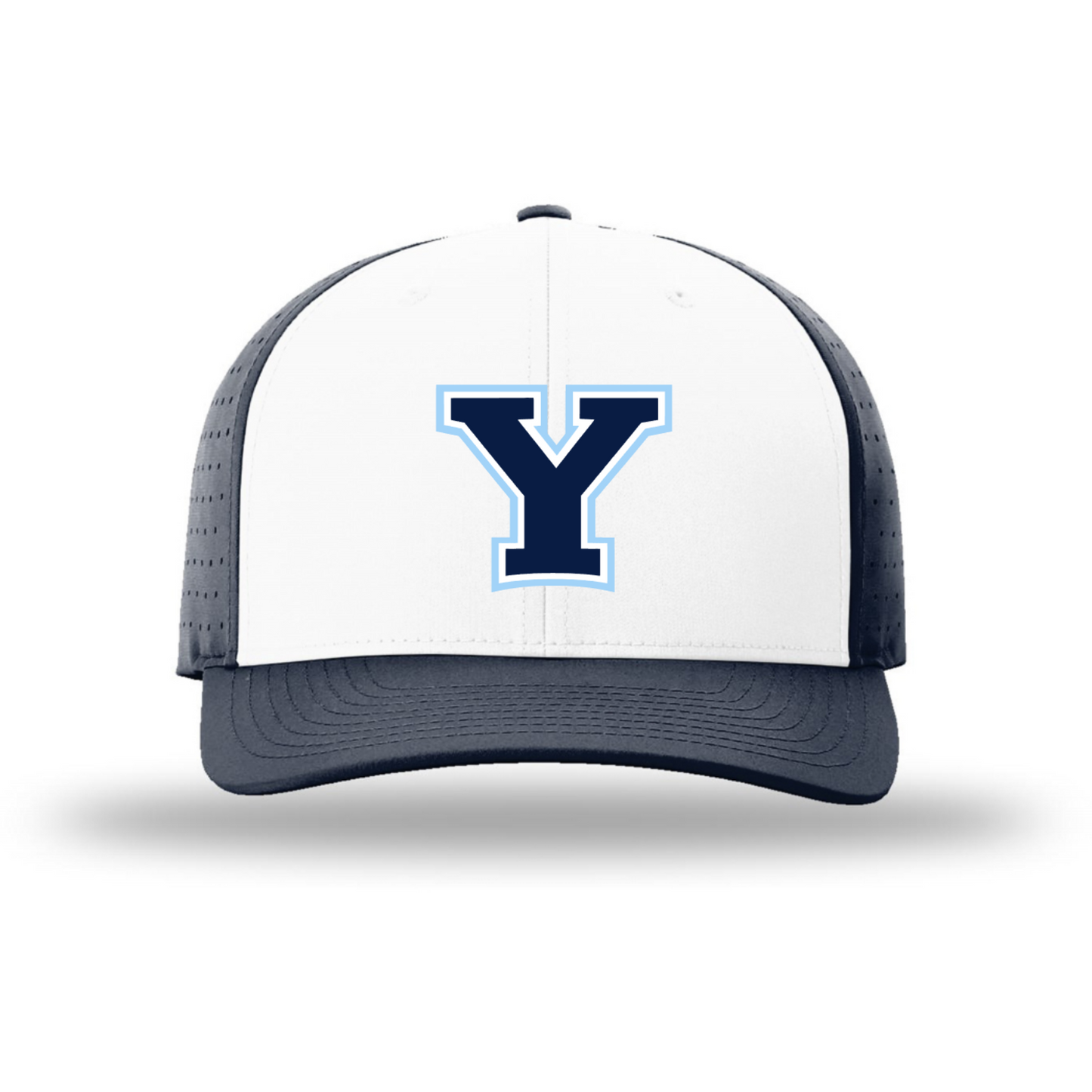 Trucker hat with a blue 'Y' logo on a white background