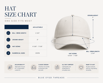 Hat size chart with a white cap and measurement details on a white background