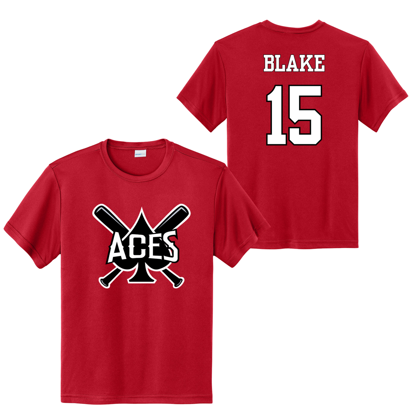 Red Aces Baseball custom practice jersey with crossed bats logo on front and personalized player name and number on back
