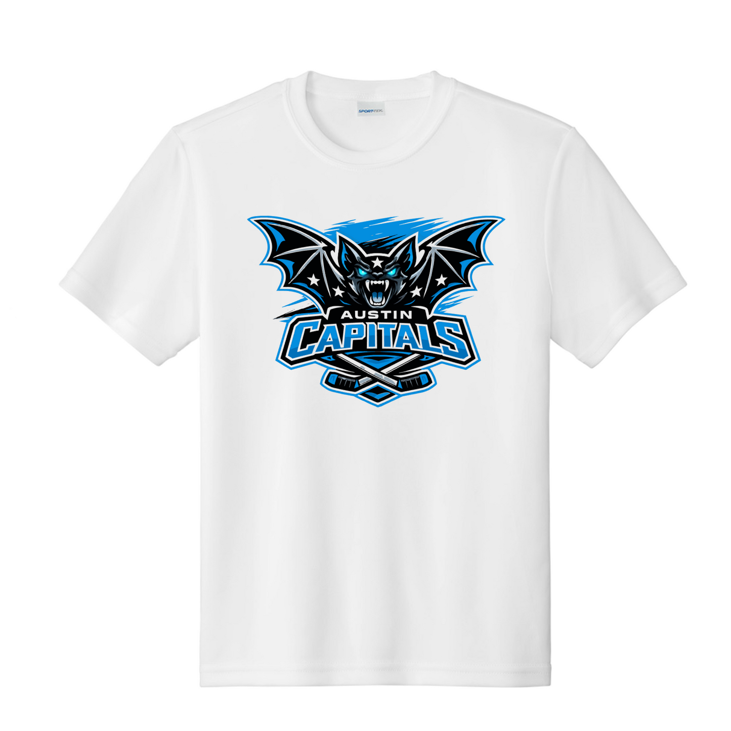 White Austin Capitals Hockey performance T-shirt with black and blue bat mascot and crossed hockey sticks design