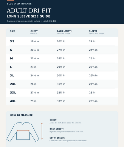 Size guide table for Adult Dri-Fit long sleeve shirts in Blue Eyed Threads, showing measurements for sizes XS through 4XL, plus a small how-to-measure diagram.
