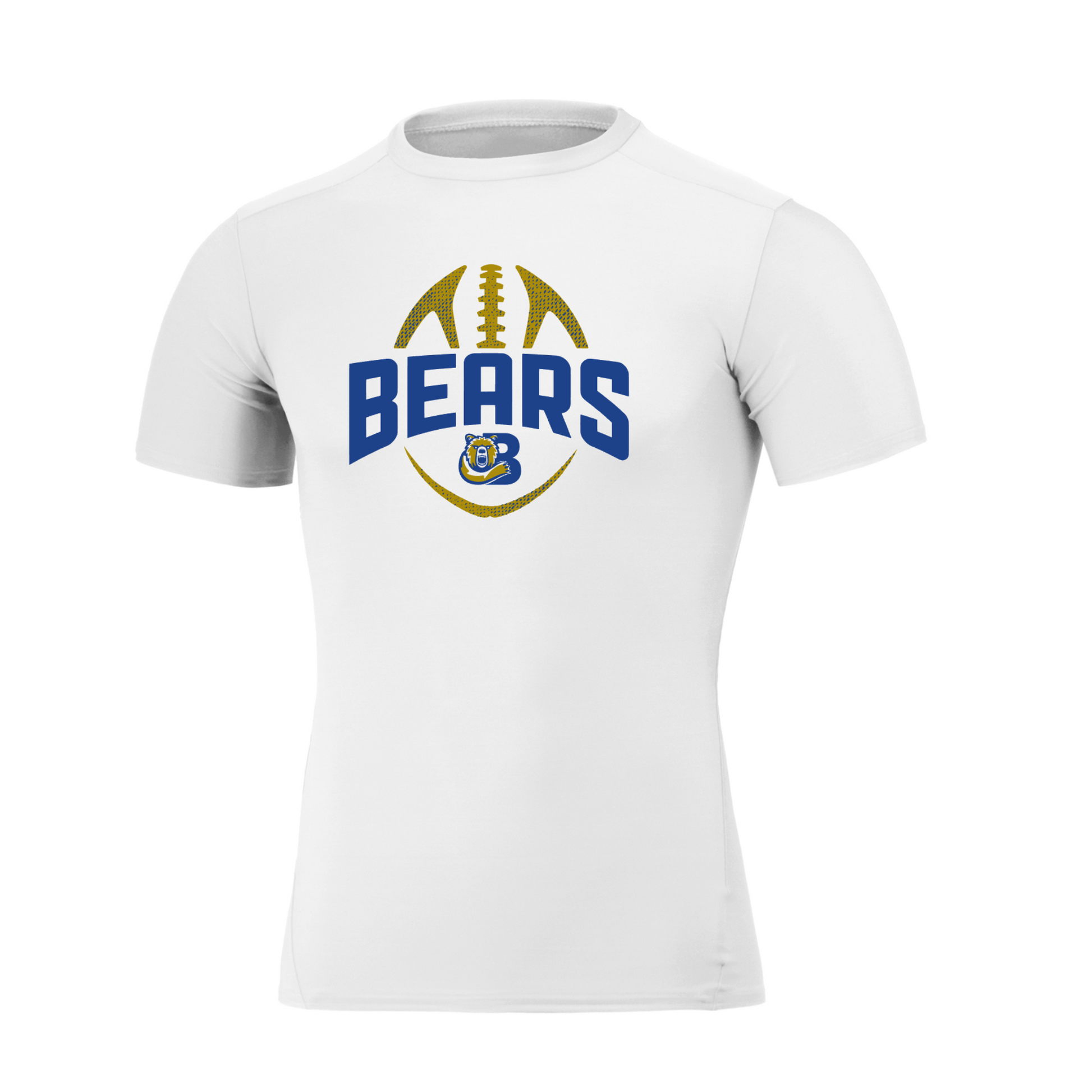 A white short-sleeve athletic t-shirt featuring a 'BEARS' graphic on the chest with a football design and a blue '8' logo, displayed on a clean white background.