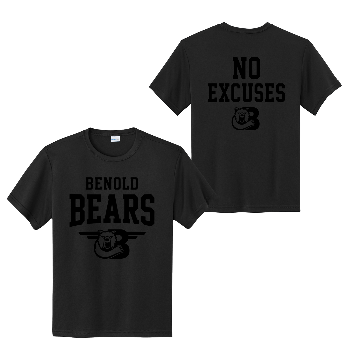 A black short-sleeve crewneck t-shirt shown from both the front and back. The front features a black graphic with the text 'BENOLD BEARS' and a bear head logo.