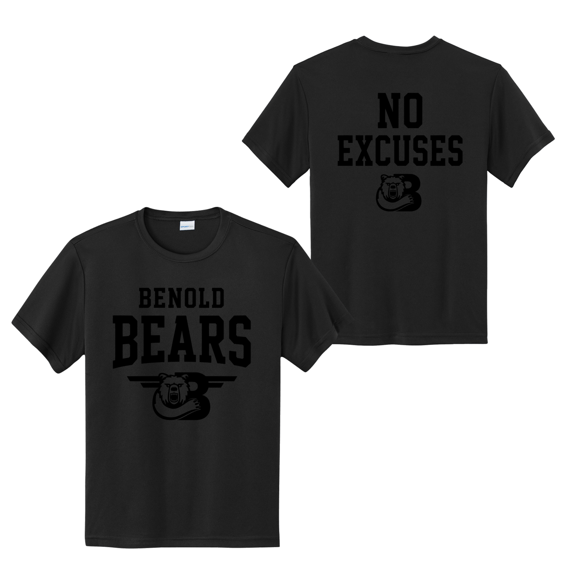 A black short-sleeve crewneck t-shirt shown from both the front and back. The front features a black graphic with the text 'BENOLD BEARS' and a bear head logo.