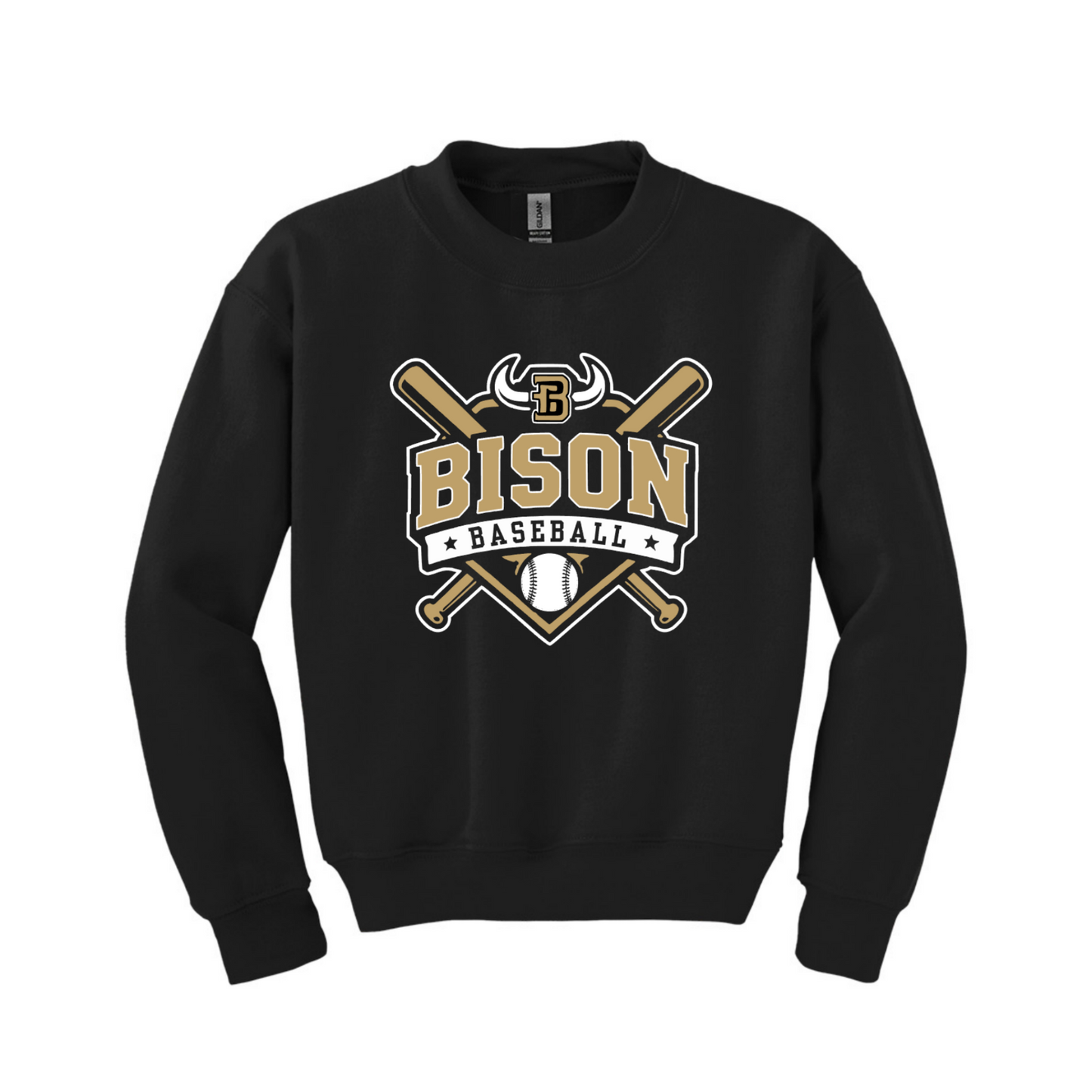 Black Bison Baseball crewneck sweatshirt with gold white crossed bats and baseball graphic
