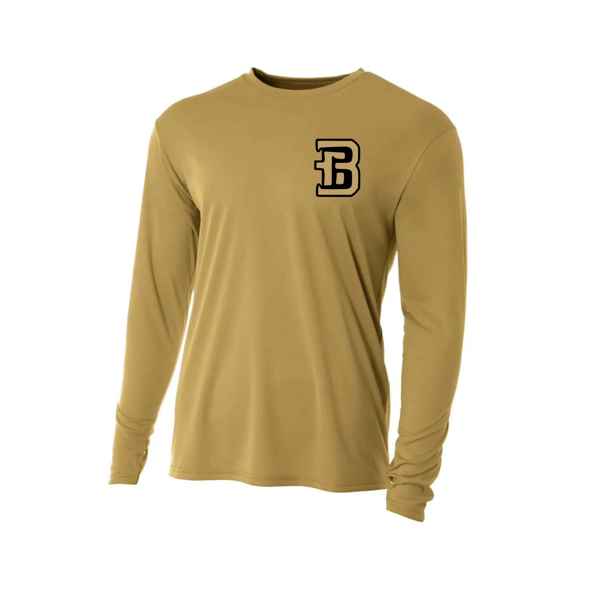 Bison Baseball gold long sleeve performance shirt with B logo on left chest