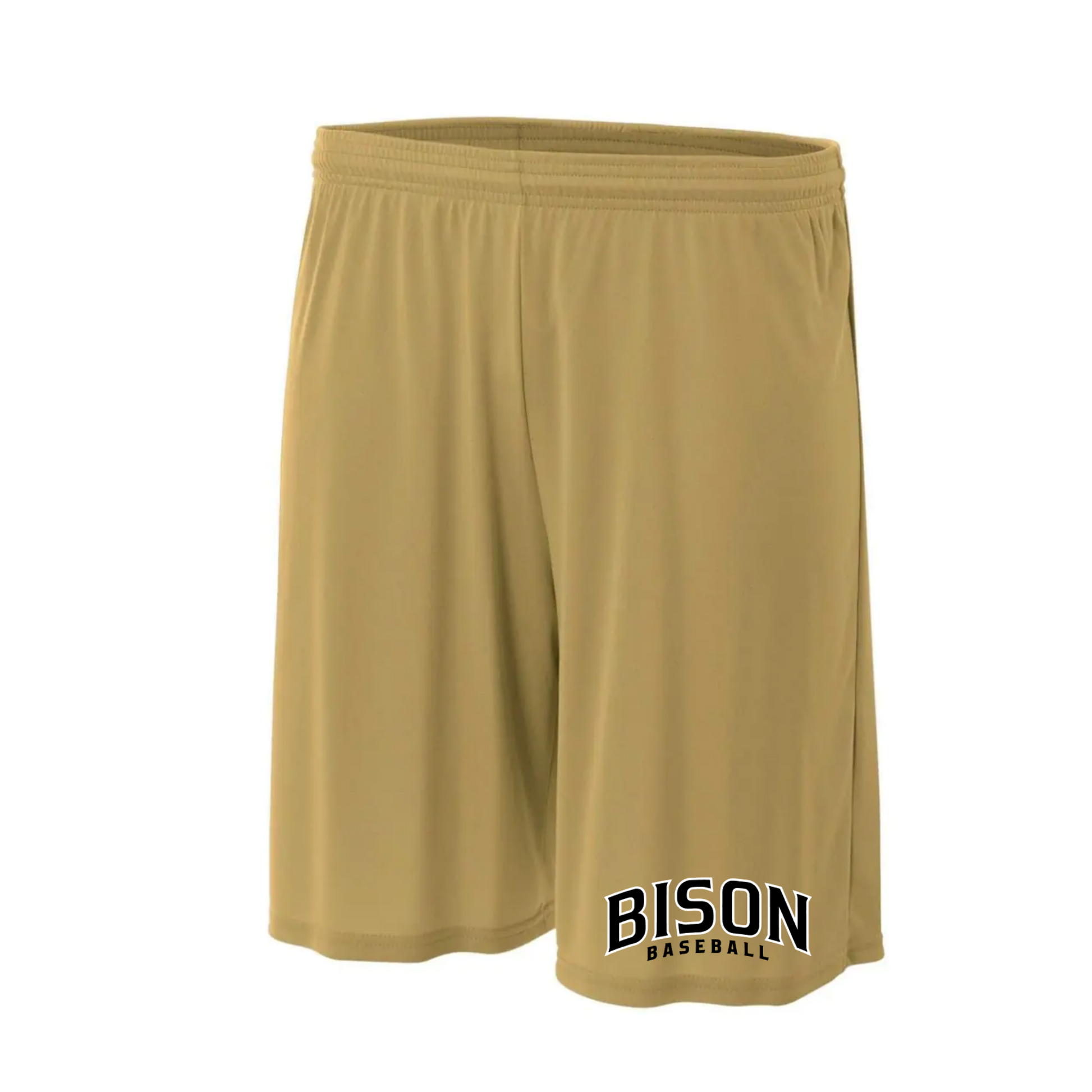 Gold Bison Baseball performance shorts with black and white Bison Baseball logo