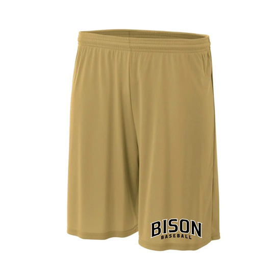 Gold Bison Baseball performance shorts with black and white Bison Baseball logo