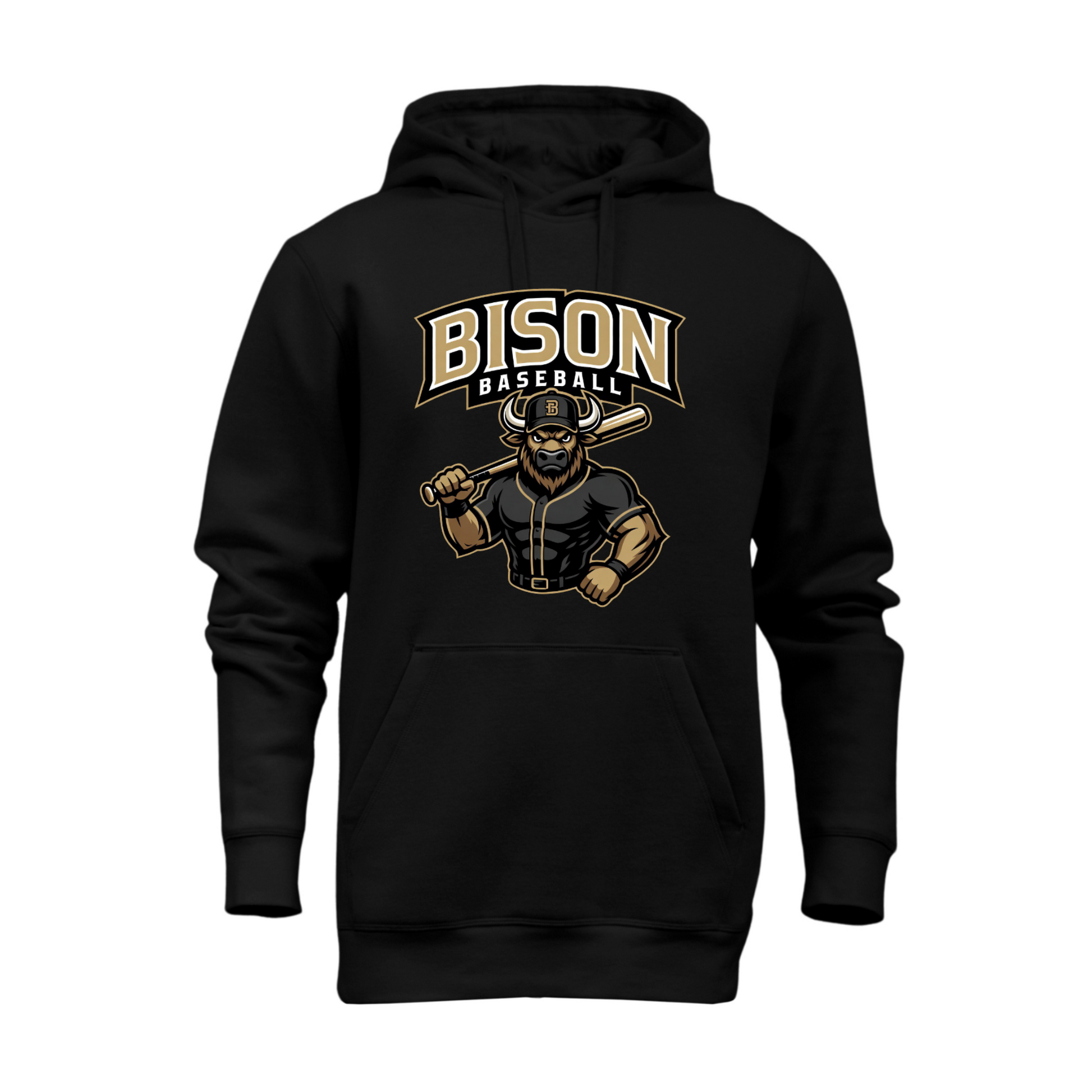 Black Bison Baseball hoodie with gold black and white baseball player mascot graphic