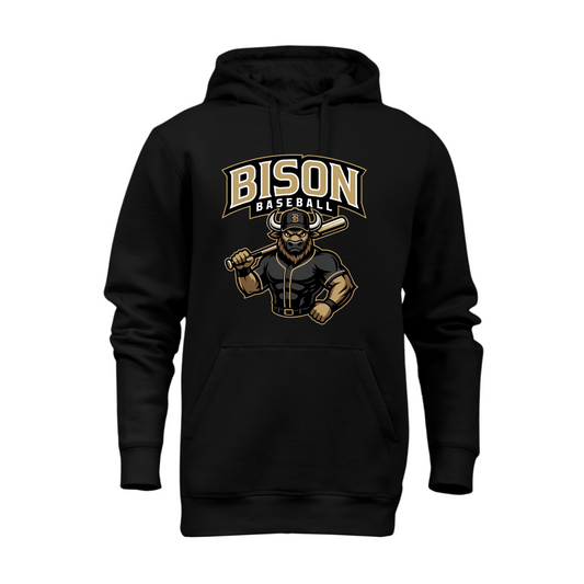 Black Bison Baseball hoodie with gold black and white baseball player mascot graphic