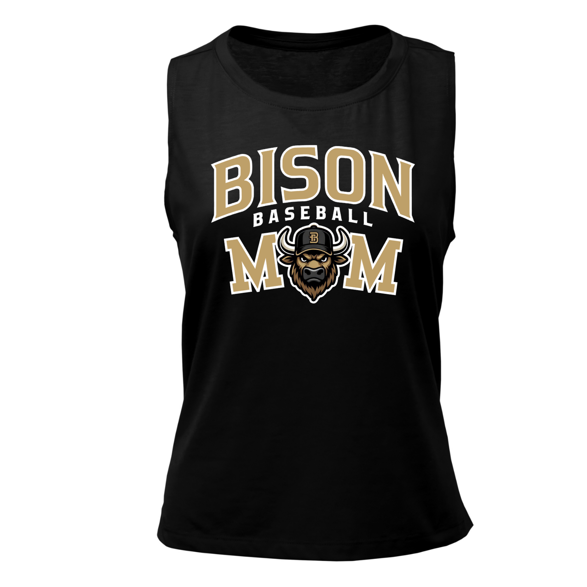 Black Bison Baseball Mom tank top with gold white and black Bison mascot design