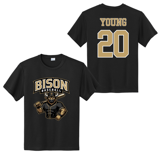 Bison Baseball black practice jersey with team logo on front and personalized player name and gold number on back