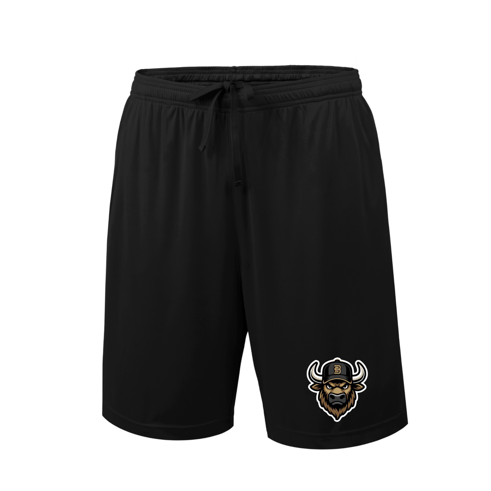 Black Bison Baseball performance shorts with Bison mascot logo