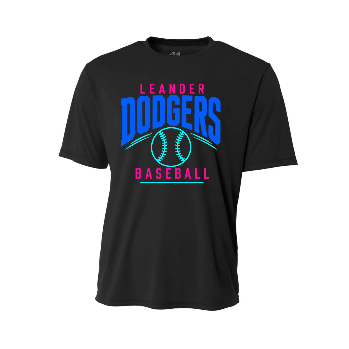 Black Leander Dodgers baseball performance shirt with royal blue, pink and aqua baseball design