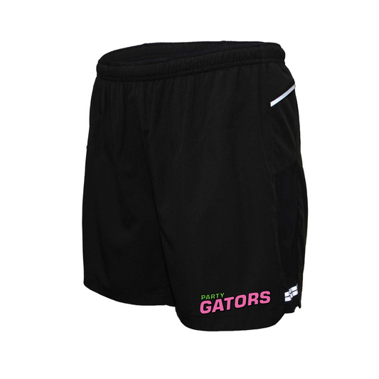 Mens Black Running Shorts, Party Gators Shorts, Party Gators Baseball Logo'd Shorts