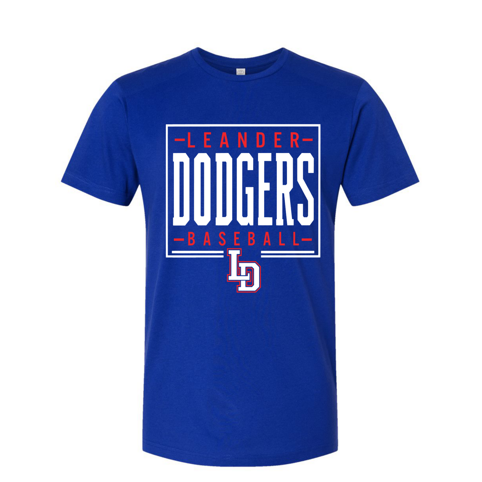 Royal blue Leander Dodgers Baseball varsity spirit wear T-shirt with red and white Dodgers design and LD baseball logo