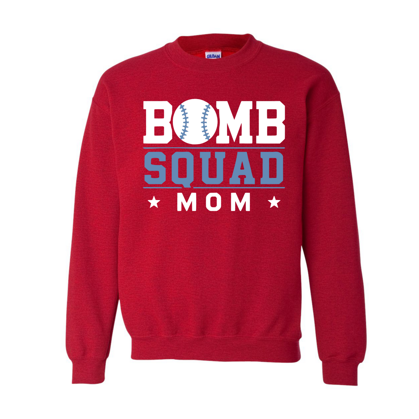 A red crewneck sweatshirt featuring a graphic print on the front that reads 'BOMB SQUAD MOM' in white and blue block letters, with a baseball graphic inside the letter 'O'.