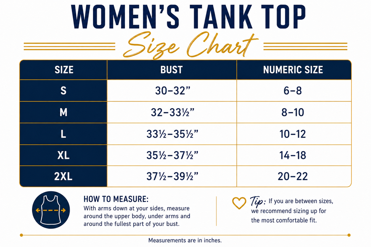 A women's tank top size chart infographic with a measurement table from S to 2XL, including bust measurements and numeric sizes. The chart has navy, white, and gold text and design elements, plus small measurement and tip icons.