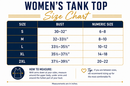 A women's tank top size chart infographic with a measurement table from S to 2XL, including bust measurements and numeric sizes. The chart has navy, white, and gold text and design elements, plus small measurement and tip icons.