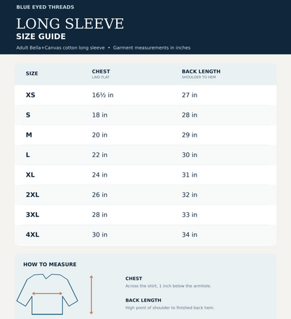 A size guide chart for adult Bella+Canvas long sleeve garments under the Blue Eye Threads line, showing measurements in inches for sizes XS through 4XL, with a small how-to-measure diagram at the bottom.