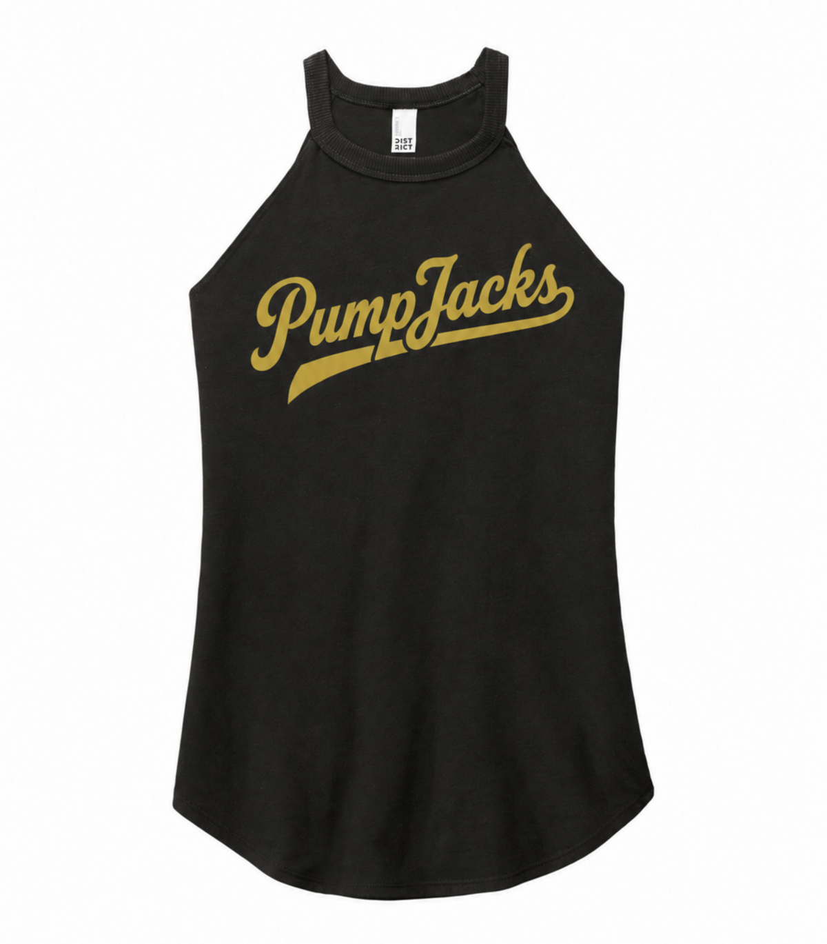 A black sleeveless tank top with 'PumpJacks' printed across the chest in a gold cursive script, displayed against a solid white background.