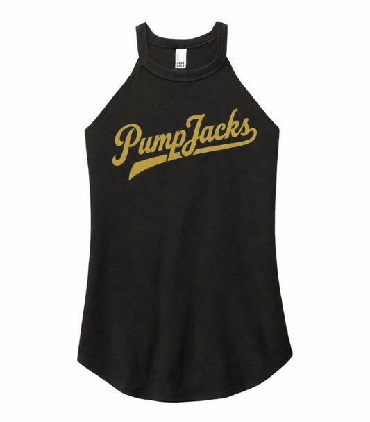A black sleeveless tank top with 'PumpJacks' printed across the chest in a gold cursive script, displayed against a solid white background.