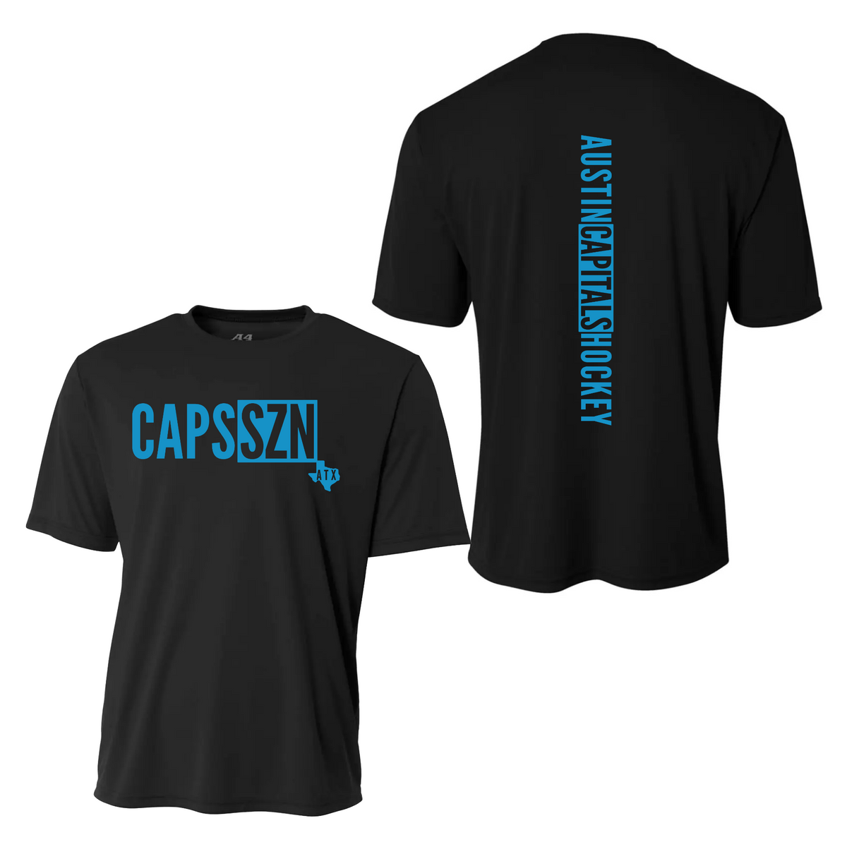 Black Austin Capitals Hockey performance shirt with blue CAPS SZN front and vertical team design on back