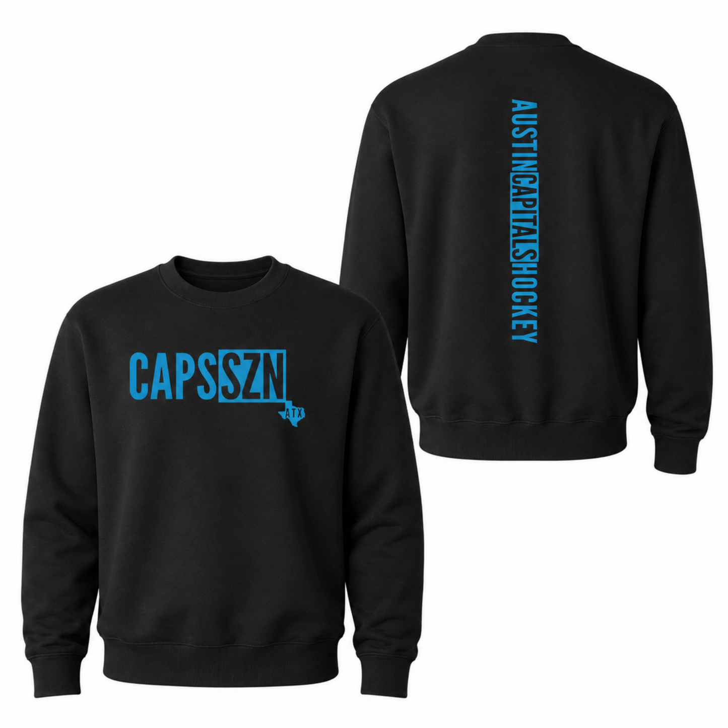 Black Austin Capitals Hockey CAPS SZN crewneck sweatshirt with blue front design and vertical back lettering