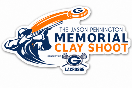A die-cut sticker or decal featuring a stylized lacrosse player with a shotgun in navy blue and orange, alongside the text 'The Jason Pennington Memorial Clay Shoot' and a 'G Lacrosse' logo, on a white background.