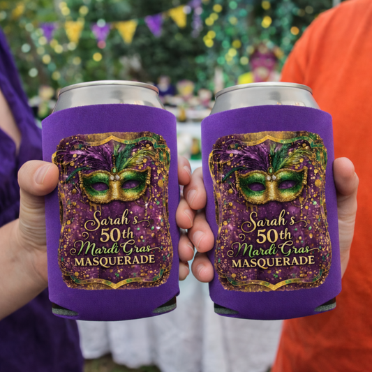 Two purple can coolers with Mardi Gras-themed designs held by two people.