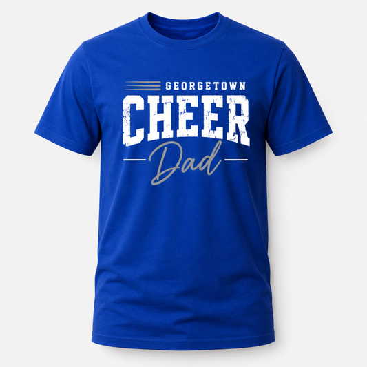 A royal blue short-sleeve crewneck t-shirt with a white graphic print on the front reading 'GEORGETOWN CHEER Dad' on a light gray background.