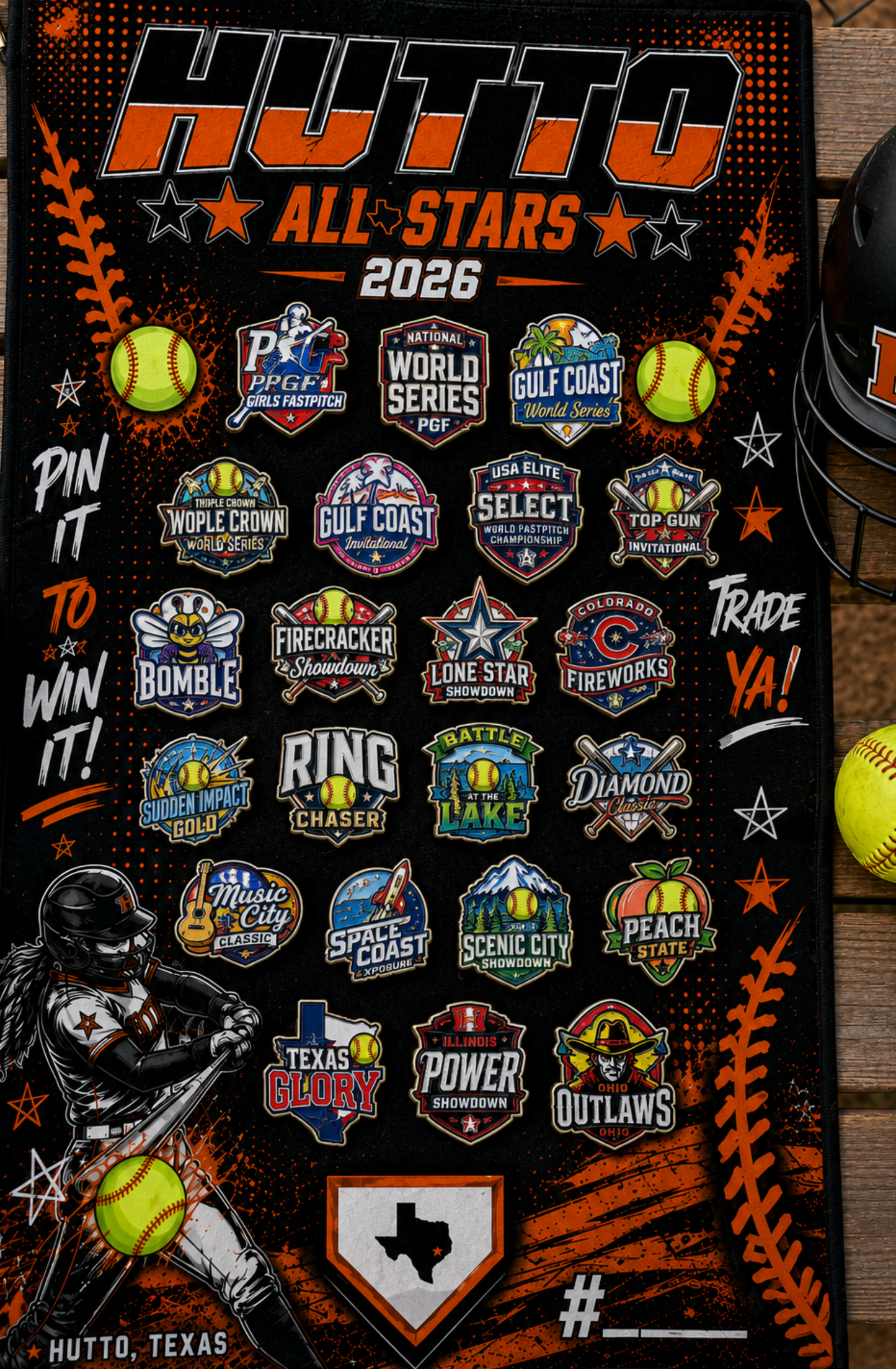 Decorative towel with various logos and text, featuring 'Hutto All Stars 2026' on a wooden surface.