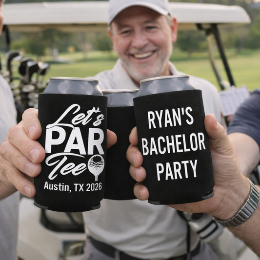 Three men holding personalized cups with text in a golf setting
