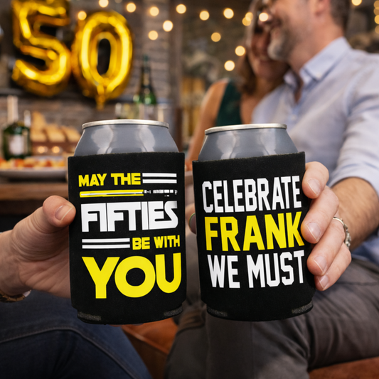 Two cans with humorous text held by a person in a festive setting.