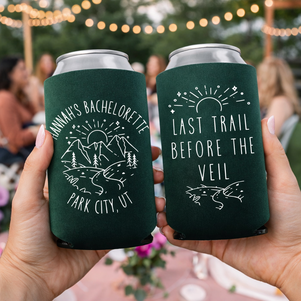 Last Trail Before the Veil Bachelorette Can Cooler | Personalized Mountain Weekend Drink Sleeve