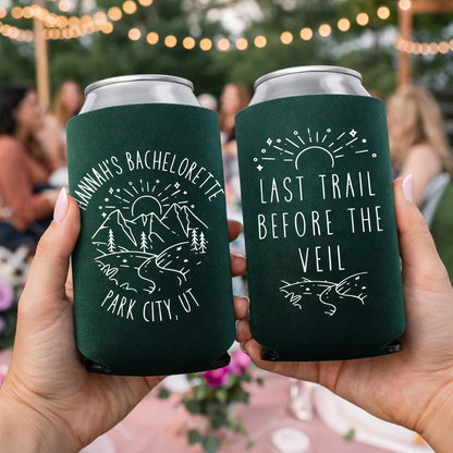 Last Trail Before the Veil Bachelorette Can Cooler | Personalized Mountain Weekend Drink Sleeve