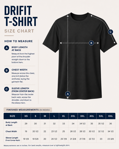 Drifit t-shirt size chart with measurements and features