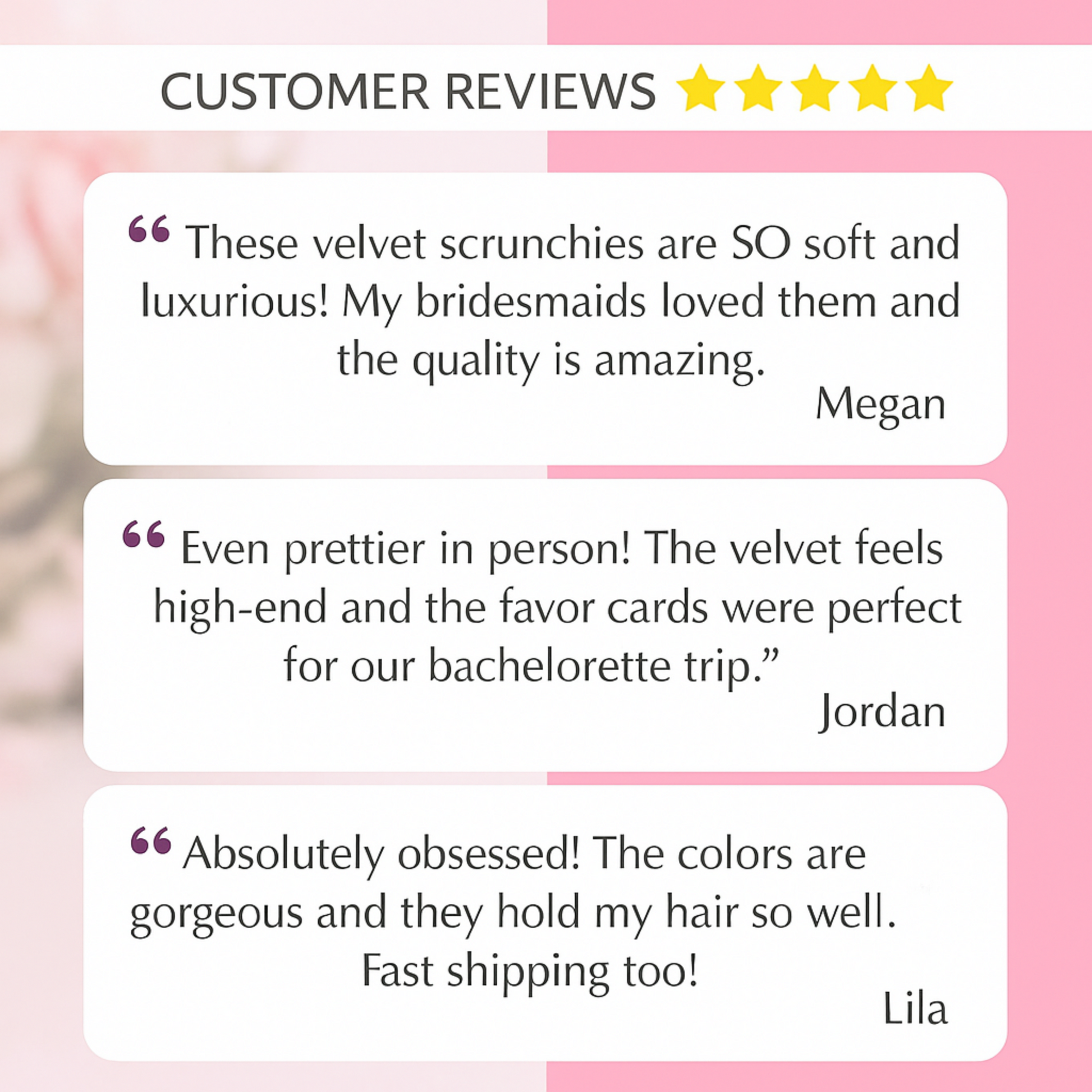 Customer reviews for velvet scrunchies on a pink background