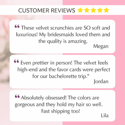 Customer reviews for velvet scrunchies on a pink background