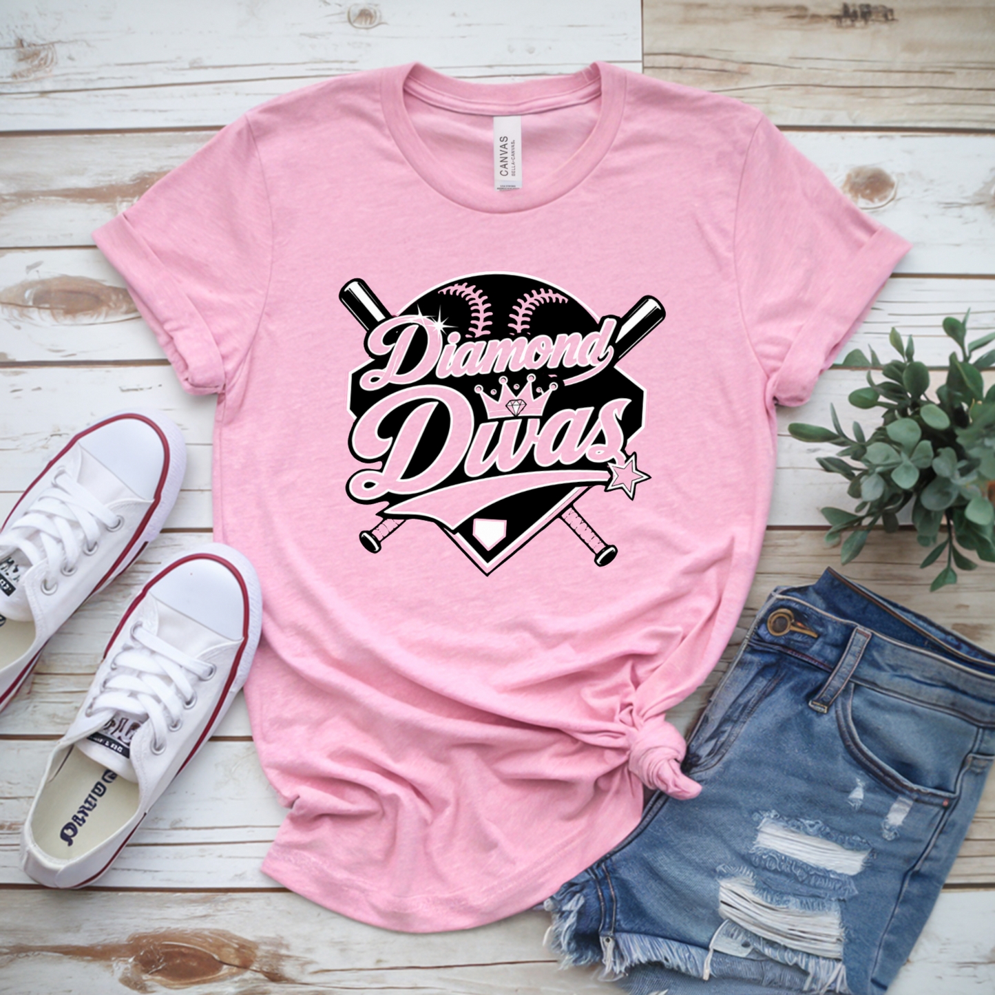 Pink Diamond Divas Softball T-shirt with black white and pink softball team logo