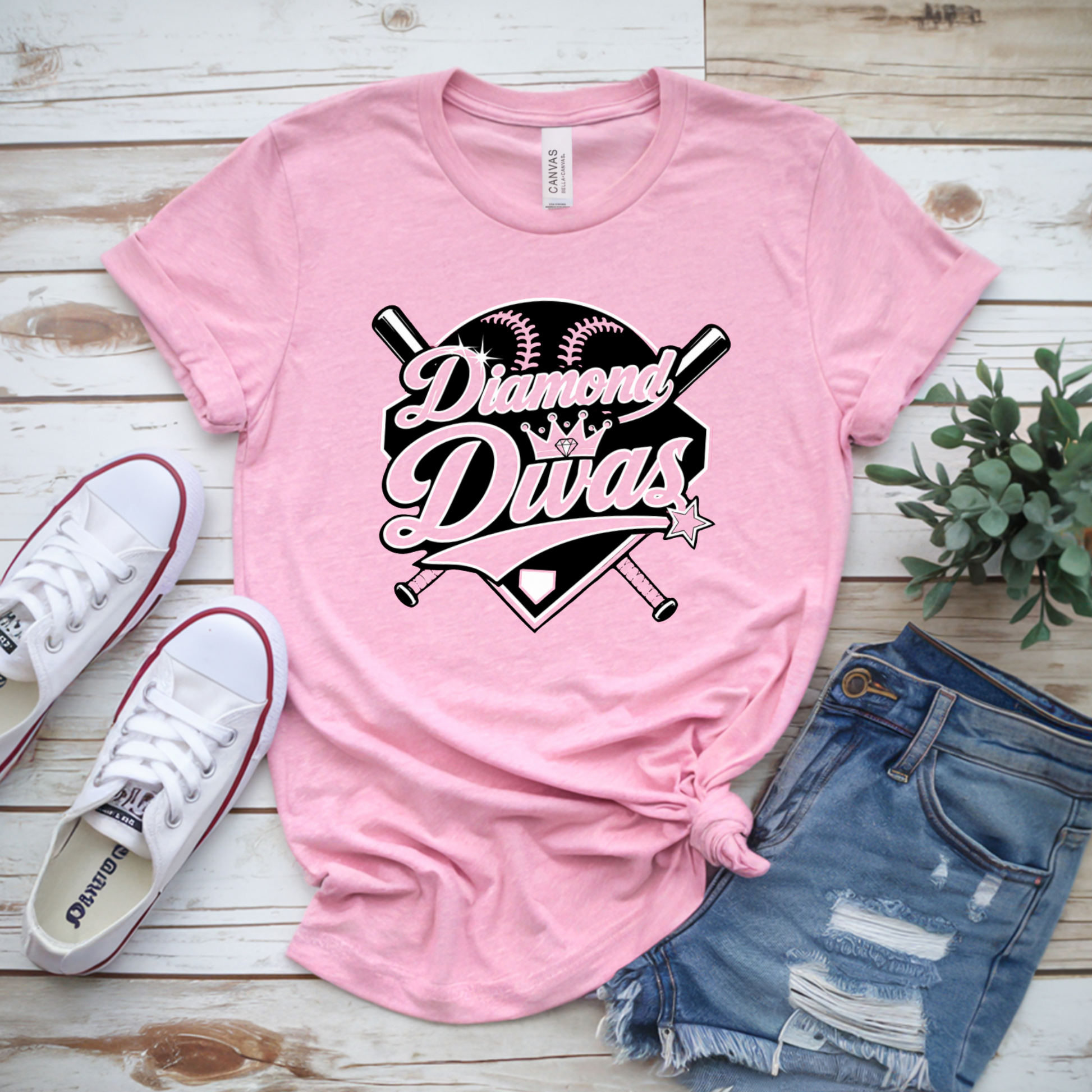 Pink Diamond Divas Softball T-shirt with black white and pink softball team logo