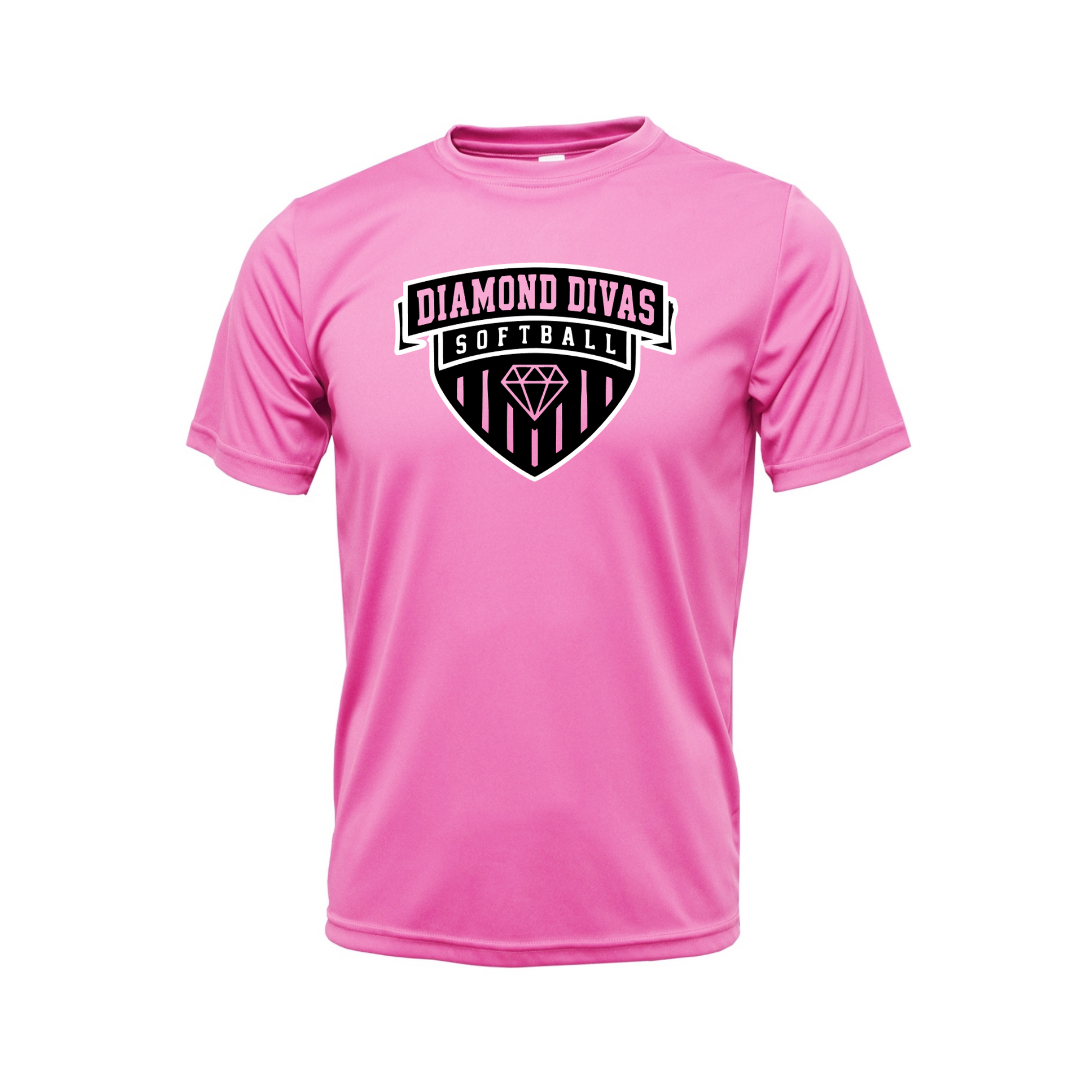 Diamond Divas Softball bright pink performance T-shirt with black white and pink shield logo.