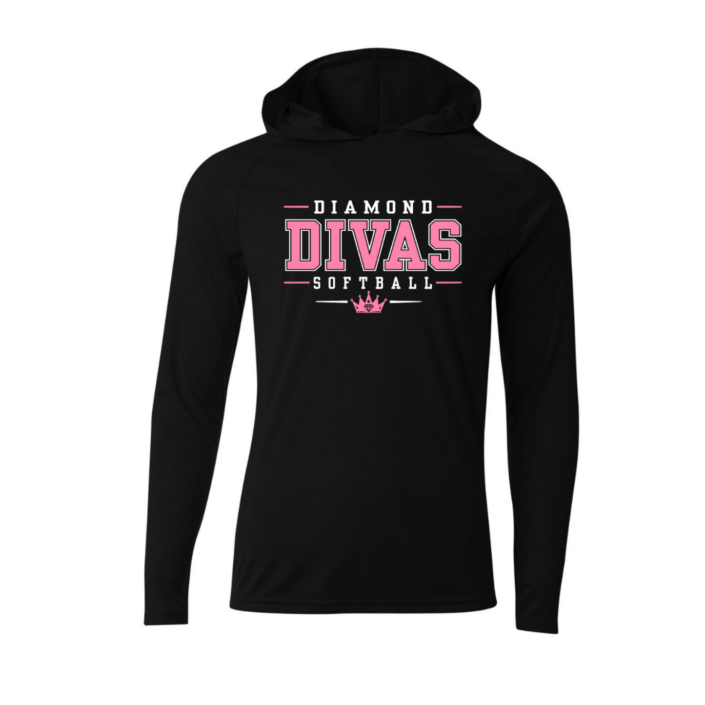 Black Diamond Divas Softball long sleeve performance hoodie with pink and white collegiate team design